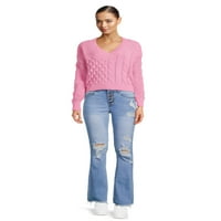 No Boundaries Juniors patchwork kabelski pleteni džemper, srednja težina, veličine XS-XXXL