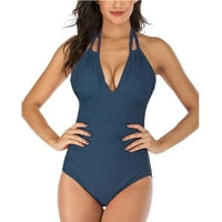 Kupaći odijela za žene Visoko vrat V-izrez Tankini mreža Ruched Monokini Baing Blue Size S